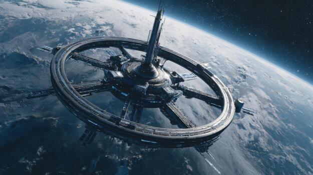 Futuristic space station orbiting Earth with intricate design and advanced technology showcasing the beauty of outer space photo