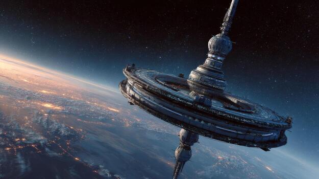Futuristic space station orbiting Earth with shining lights and detailed structures against a cosmic background in deep space photo