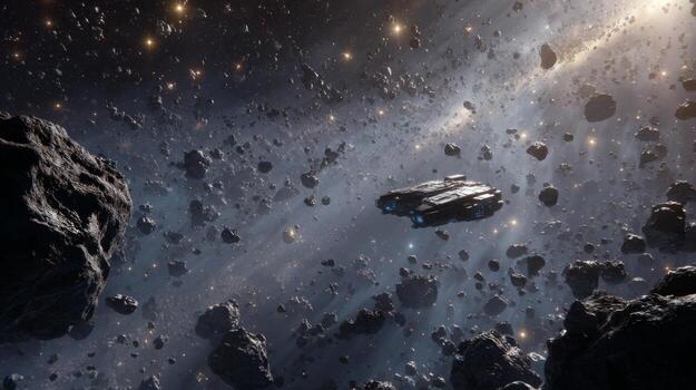 Vast Asteroid Belt in Deep Space with a Futuristic Spaceship Navigating Through Celestial Rocks and Cosmic Dust photo