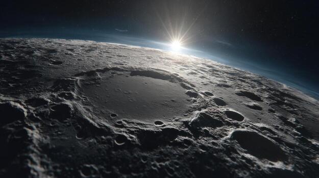 Stunning View of Lunar Surface with Craters and Earthrise at Dawn Over the Moon's Horizon photo