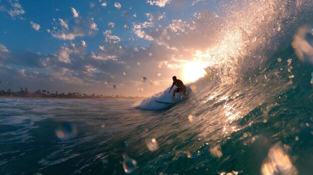 Surfer Riding Wave at Sunset with Vibrant Sky and Ocean Spray in Background photo