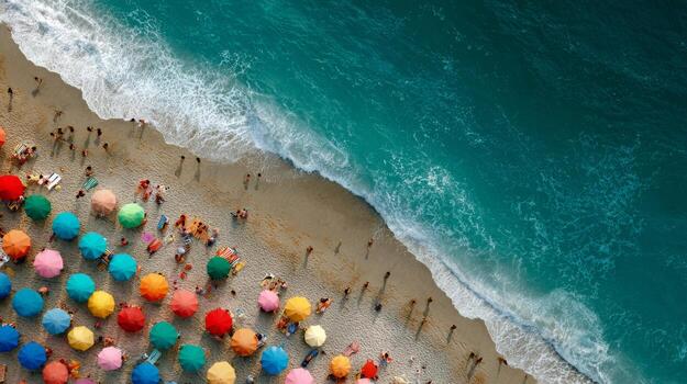 Vibrant Beach Scene with Colorful Umbrellas and Relaxing Tourists by the Ocean Under Bright Sunlight photo