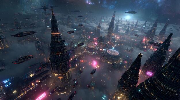 Futuristic Cityscape at Night with Neon Lights and Hovering Ships Above Shrouded Mist in a Sci-Fi Environment photo