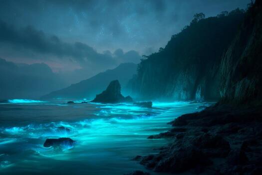 Mysterious Ocean Shore with Bioluminescent Waves Under Starry Night Sky in Twilight Atmosphere photo