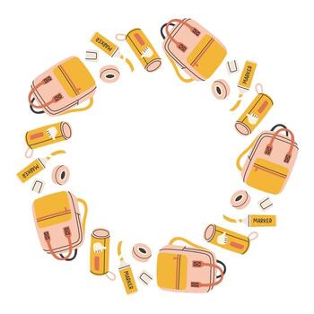 Simple back to school circle frame. Round school themed border made of different school objects. Soft pastel colors back to school hand drawn banner isolated on white background. vector