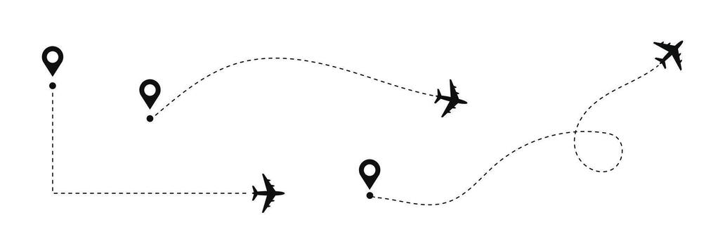 Dotted path with points. Aeroplane path with route set collection vector