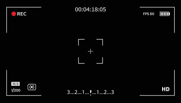 cámara marco. pantalla con rec, visor. antecedentes para grabar película. monitor con enfocar, tiempo, batería para videografía, vigilancia. vector