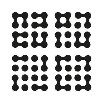 Connected dots signs. Metaball icons. Point movement template. Integration abstract symbol. Circles pattern. Connected blobs simple element. Metaballs transition. Flat logo. vector