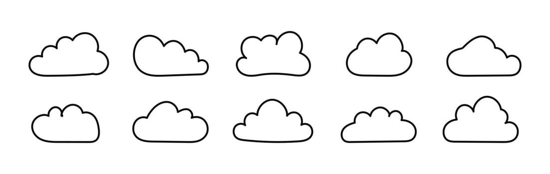 Outline clouds icons. Doodle fluffy clouds. Puffy, cumulus clouds. Cloudy forms patterns in black thin contour. Weather element templates. Objects cloudscape samples. Hand drawn black cute icons. vector