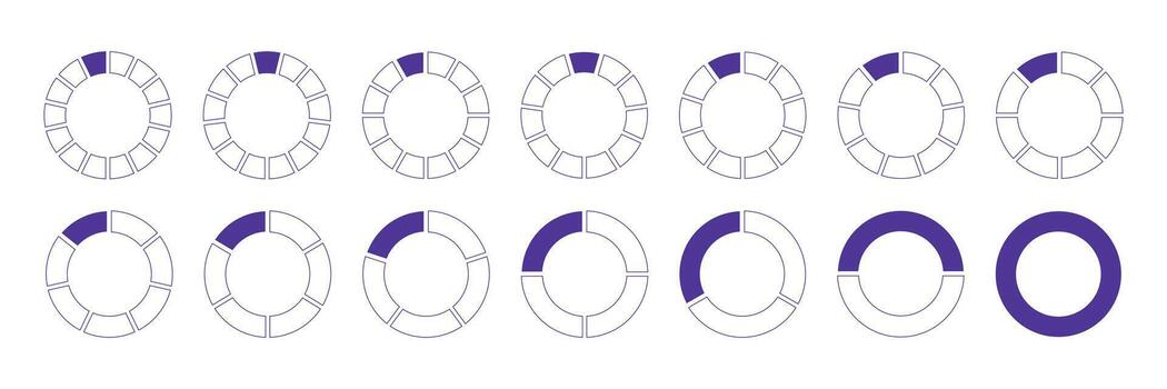 Circles divided diagrams 1, 2, 3, 10, 7, 8, 9, 10, 11, 12, 13, 14 equal parts. Pie, pizza graph shape section charts. Coaching blank simple icon template. Lilac segments wheel round divide infographic vector