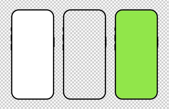 Smartphone black frames. Gadget symbol. Device flat front view sample. Blank smart phone green, white, empty screen template. Set of mobile phone black icon. Signs for website design, ui, mobile app. vector