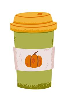 Hot cocoa and coffee drink in autumn paper cup with pumpkin. Fall cozy illustration with lattee in flat style with noise texture vector