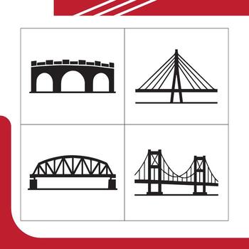 long-span flexibility the cable-stayed bridge balances sleek aesthetics with strong central support and the truss bridge boasts triangular frameworks known for their stability. vector