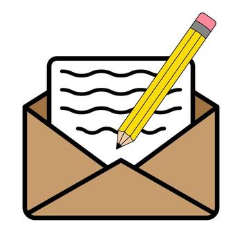 Pencil Writing Letter in Open Envelope Illustration. A yellow pencil writing on a sheet of paper inside an open brown envelope. The paper has wavy lines representing text. vector