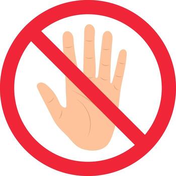Stop Hand Sign. No Touching Illustration. A raised human hand in a stop gesture, overlaid with a universally recognized prohibition symbol - a circle with a diagonal slash. vector