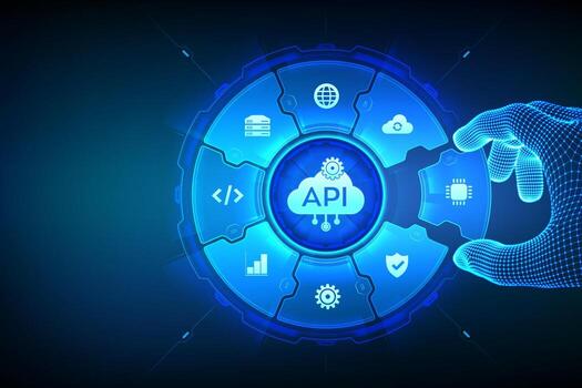 API. solicitud programación interfaz. software desarrollo herramienta, nube informática tecnología concepto. estructura metálica mano lugares un elemento dentro un composición visualizante API. vector