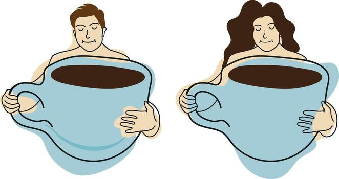 set of icons of people with large cups of coffee in line art style on a background of colored spots vector