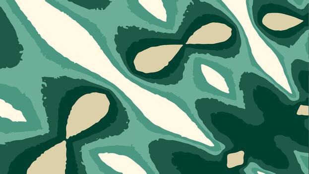 Abstract background with a dynamic, morphing pattern of organic shapes in teal, beige, and off-white. The design flows diagonally, creating a unique and modern visual texture. vector