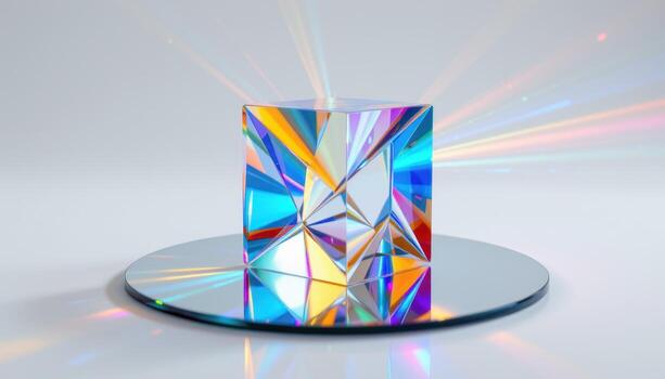 Multifaceted glass cube refracting light reflecting on mirrored surface Rainbow prism effect photo