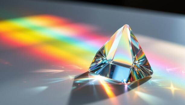 Glass pyramid prism refracting light creating rainbow spectrum on surface photo