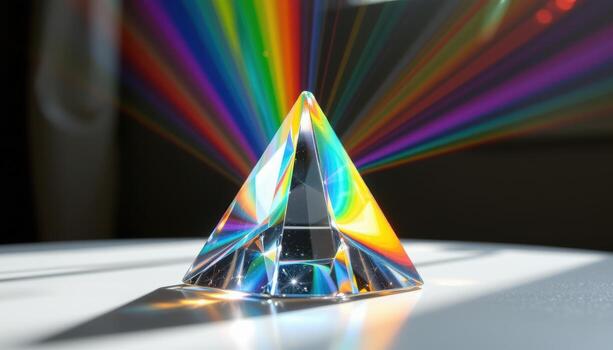 Glass pyramid prism refracting light creating a rainbow spectrum on a white surface photo