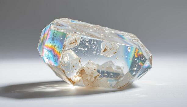 Large faceted quartz crystal with inclusions and rainbow iridescence on white background photo