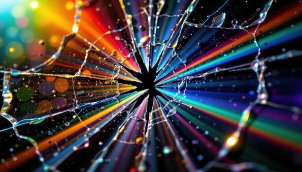 Shattered Rainbow Colored Surface with Water Droplets and Bokeh Lights photo