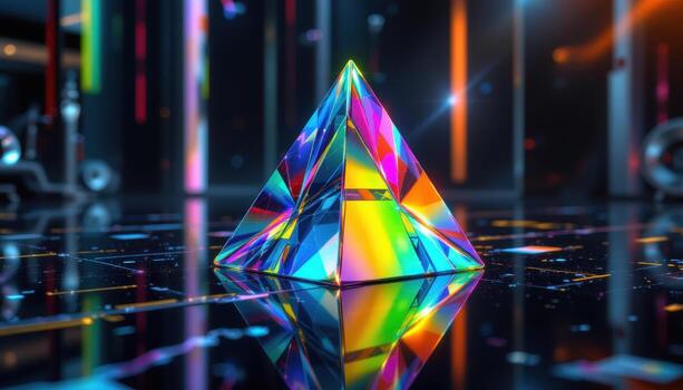 Rainbow hued glass pyramid on reflective tech inspired surface Abstract iridescent crystal structure photo
