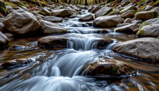 Serene stream flowing over smooth river rocks water cascading over stones photo