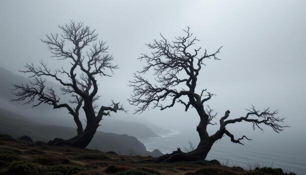 Two leafless trees on a misty coastal hillside overlooking the ocean foggy photo