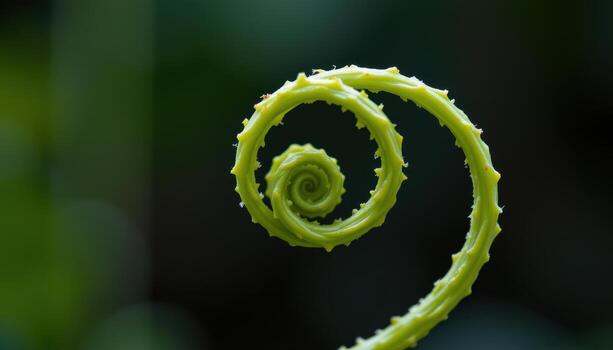 Curling Green Fern Frond in Close-up Detail Against a Soft Focus Background photo