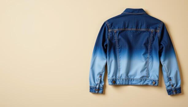 Back view of a blue denim jacket with a gradient fade effect hanging against a pale background photo