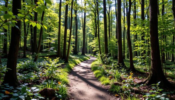 Lush Green Forest Pathway Surrounded by Tall Trees and Sunlight Filtering Through Foliage photo