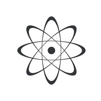 Atom icon with orbiting electrons in black and white representing science, physics, or atomic structure vector