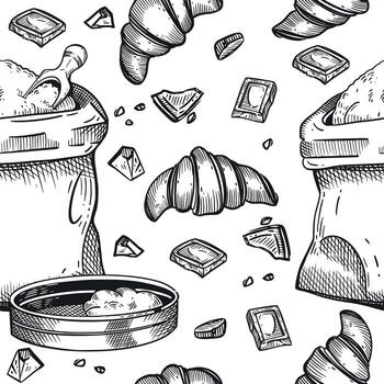 sin costura modelo en el tema de cocinando, horneando. un bolso de harina, un tamiz, piezas de chocolate. todas objetos son dibujado a mano con tinta. para impresión en papel, panadería diseño vector