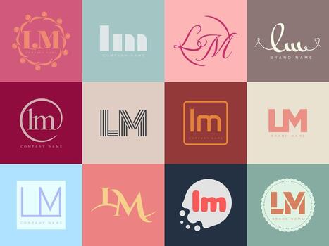 LM logo template. Letter l and m logotype. Set different classic serif lettering and modern bold text with design elements. Initial font typography. vector