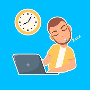 Restful Slumber Overload A man finds rest after a long day, taking a nap over the keyboard, with a clock symbolizing long working hours. vector