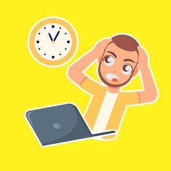 Deadline Dilemma A stressed individual frantically grasps his head in exasperation, a stark visual representation of the pressing deadline, amplified by the looming clock. vector