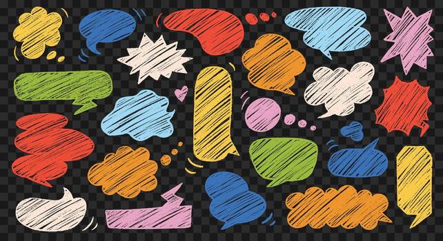 Set of Crayon Speech Bubble Shape Drawn with Chalk Doodle. Illustration with Texture for Creative Designs and Hand-drawn Communication Elements vector