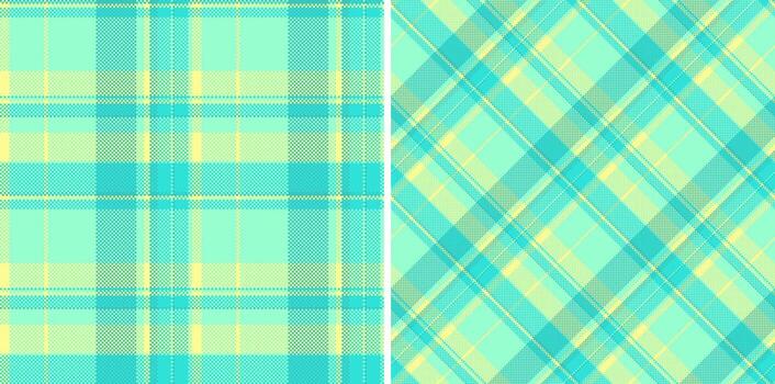Two seamless plaid patterns in fresh mint and yellow hues, one classic grid, one diagonal. Textile design, versatile background, or creative graphic element. vector
