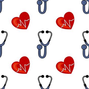 A seamless pattern featuring stethoscopes and heart symbols. The stethoscopes are in blue, while the hearts are red with a heartbeat line. The background is white, creating a clean and medical-themed vector
