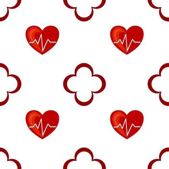 A seamless pattern featuring red hearts with a heartbeat line on a white background, interspersed with decorative red cross shapes. vector