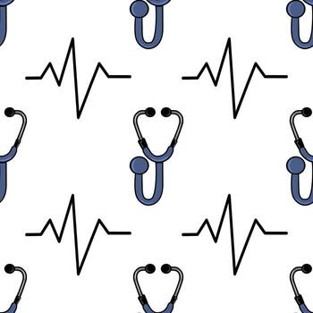 A seamless pattern featuring stethoscopes and heartbeat lines on a white background. The stethoscopes are illustrated in blue and black, while the heartbeat lines are in black vector