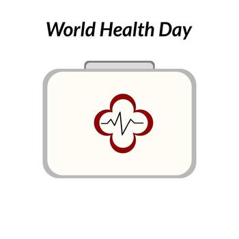 A simple illustration of a first aid kit with a red cross and a heartbeat line, symbolizing health and wellness, accompanied by the text World Health Day. vector