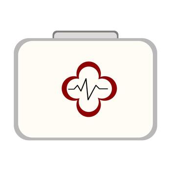 A simple illustration of a first aid kit featuring a red cross and a heartbeat line design. The kit is light-colored with a gray outline, symbolizing health and emergency care. vector