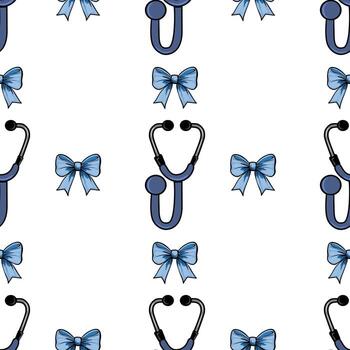 A repeating pattern featuring stethoscopes and blue bows on a white background. The stethoscopes are illustrated in a simple, cartoonish style, alternating with cute blue bows. vector