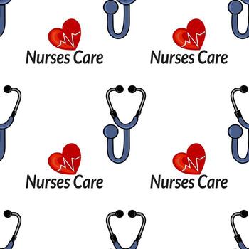 un repitiendo modelo presentando estetoscopios y el texto enfermeras cuidado junto a un rojo corazón con un latido del corazón línea. vector