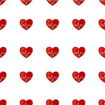 A seamless pattern of red hearts with a heartbeat line, set against a white background. The design is simple and ideal for health-related themes. vector