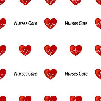 un sin costura modelo presentando rojo corazones con un latido del corazón línea y el texto enfermeras cuidado. el diseño es repetido a través de un blanco fondo, simbolizando cuidado y compasión en enfermería. vector