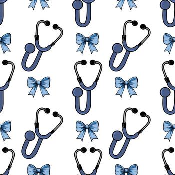 A repeating pattern featuring stethoscopes and blue bows on a white background. The stethoscopes are illustrated in blue and black, while the bows are a soft blue color. vector